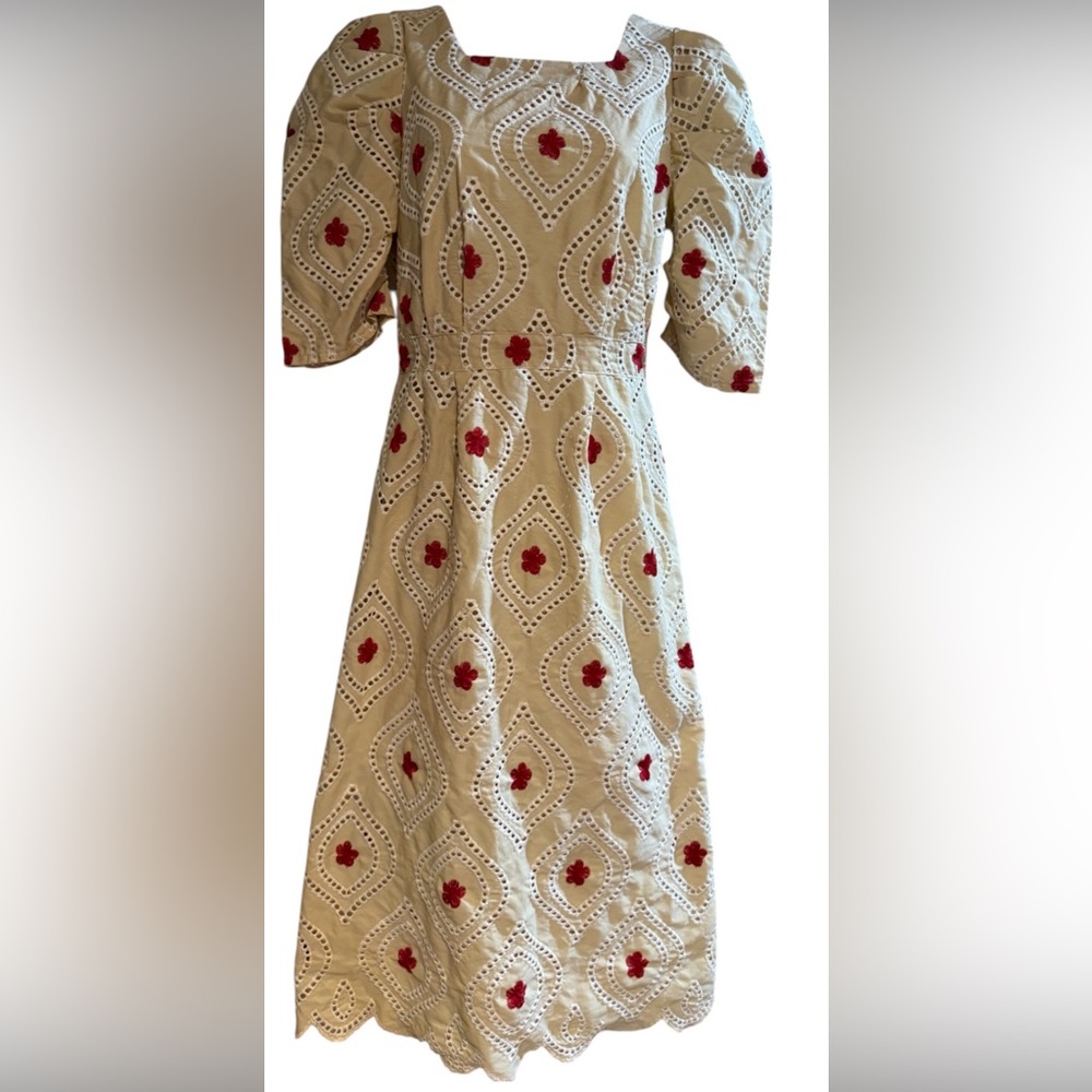 Shan Fashion Eyelet Embroidered Midi Dress Cream Red Floral puff sleeve size M